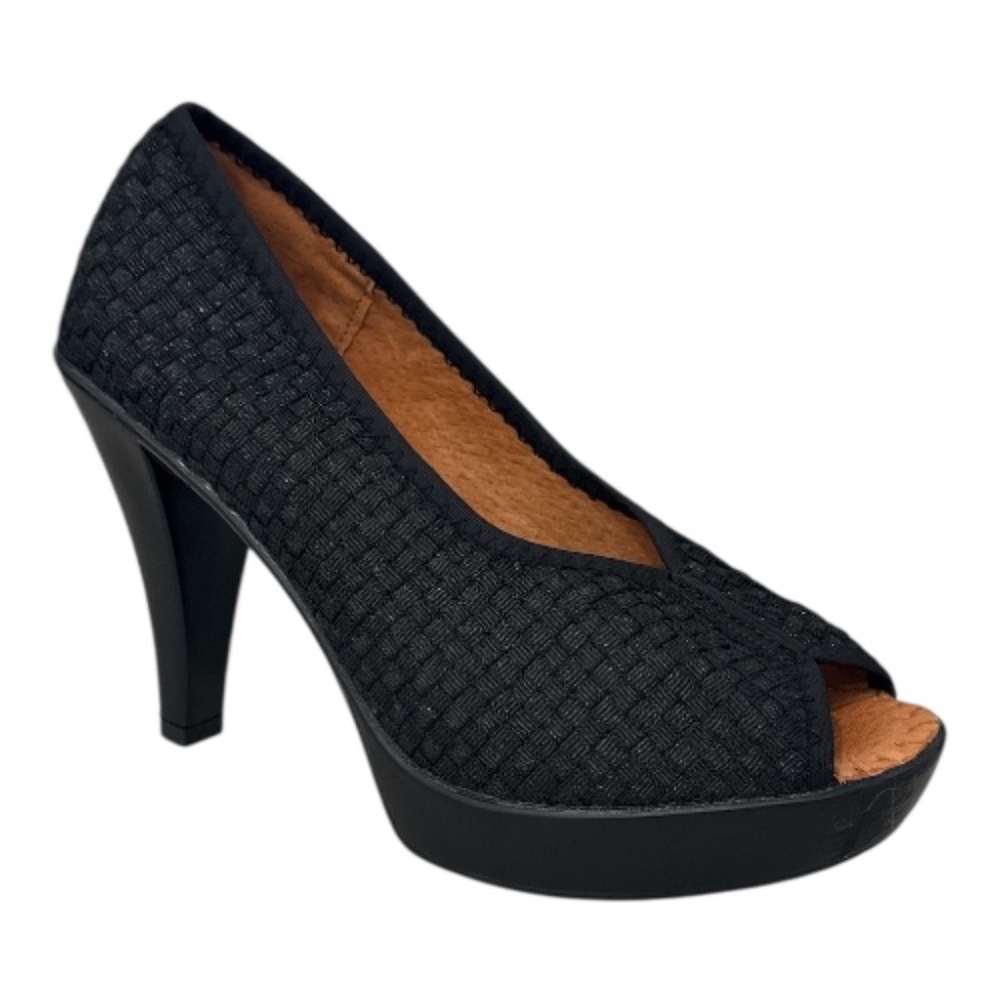 Bernie Mev Fabulous Black Metallic Heels Woven Stretch Pump Slip-On Lightweight